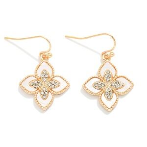 Gold-Tone White Enamel Flower Drop Earrings with Crystals